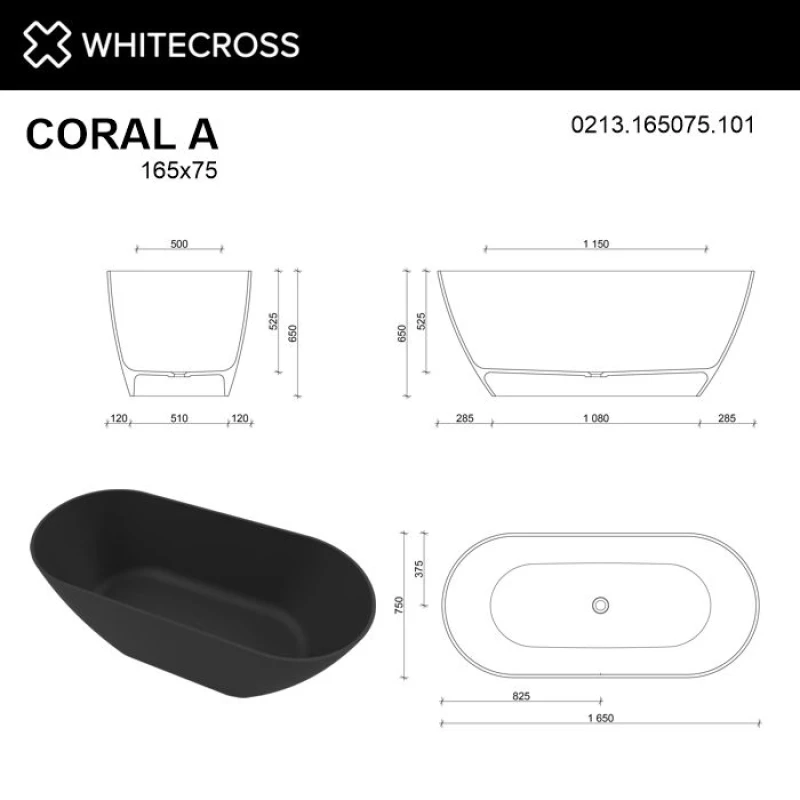 Ванна из литьевого мрамора 165x75 см Whitecross Coral A 0213.165075.101