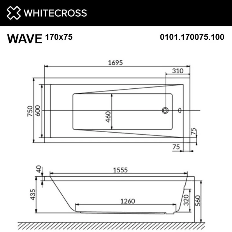 Акриловая ванна 169,5x75 см Whitecross Wave 0101.170075.100