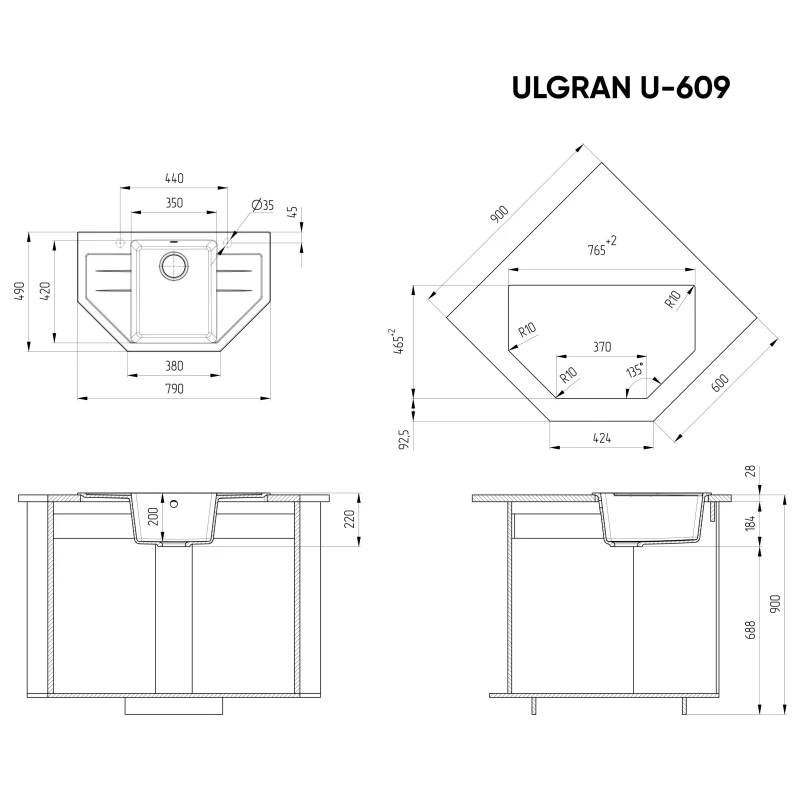 Кухонная мойка Ulgran антрацит U-609-343