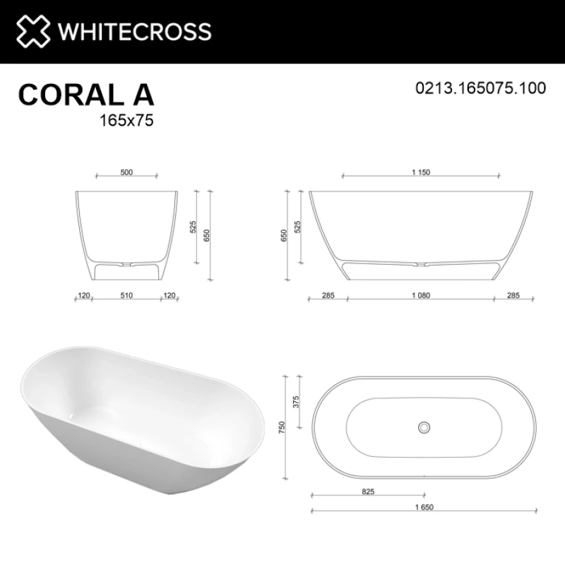 Ванна из литьевого мрамора 165x75 см Whitecross Coral A 0213.165075.100