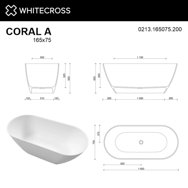 Ванна из литьевого мрамора 165x75 см Whitecross Coral A 0213.165075.200
