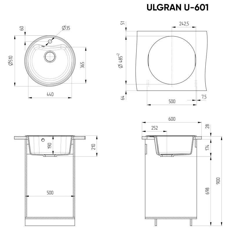 Кухонная мойка Ulgran темно-серый U-601-309