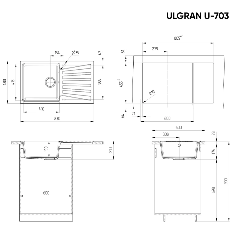Кухонная мойка Ulgran серый U-703-310