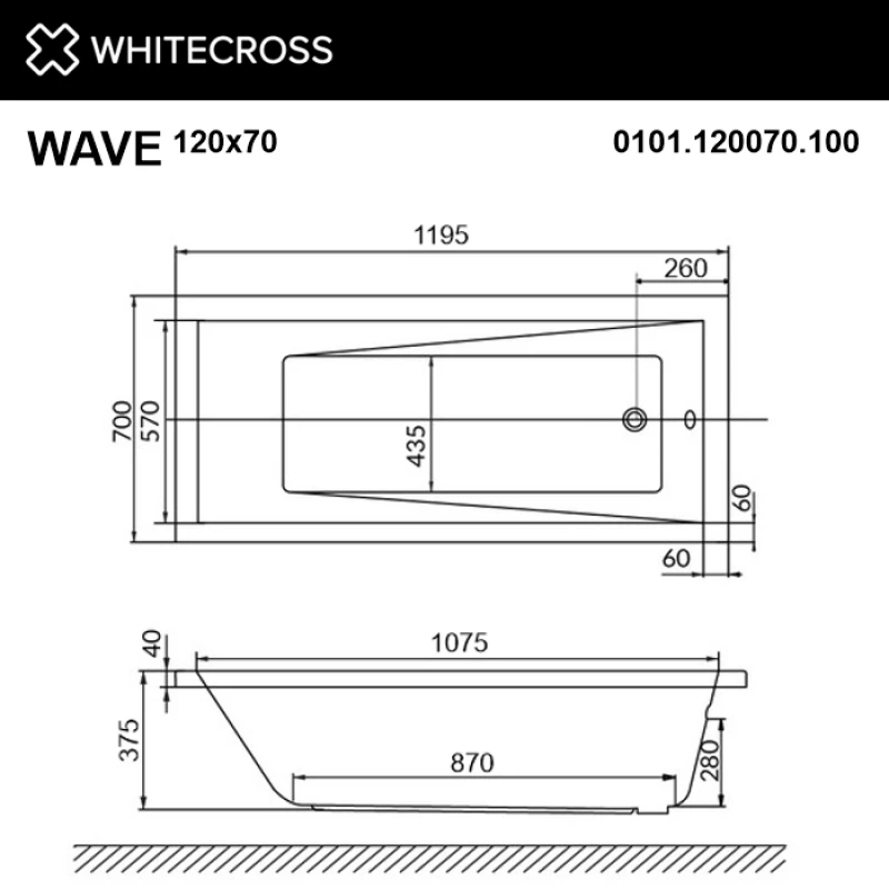 Акриловая ванна 119,5x70 см Whitecross Wave 0101.120070.100