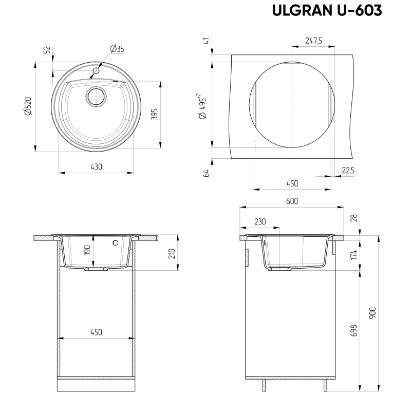 Кухонная мойка Ulgran темно-серый U-603-309