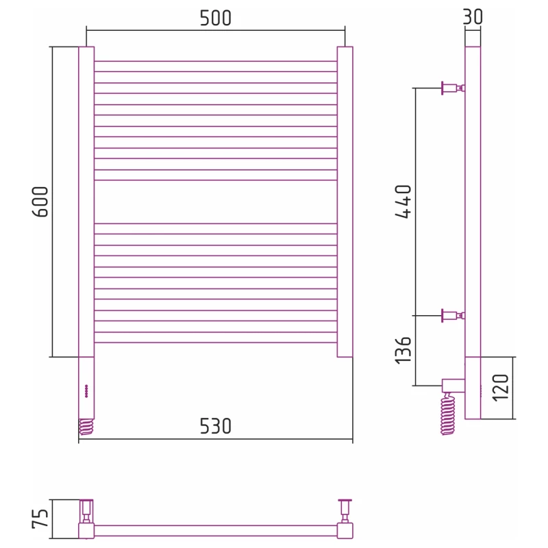 Полотенцесушитель электрический 600x500 белый матовый МЭМ правый Сунержа Модус 3.0 30-5701-6050